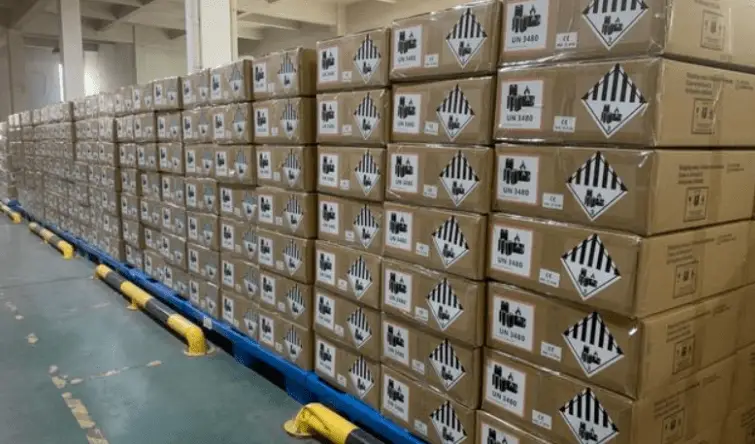 Corrosive regulated cargo boxes staged for DG air freight
